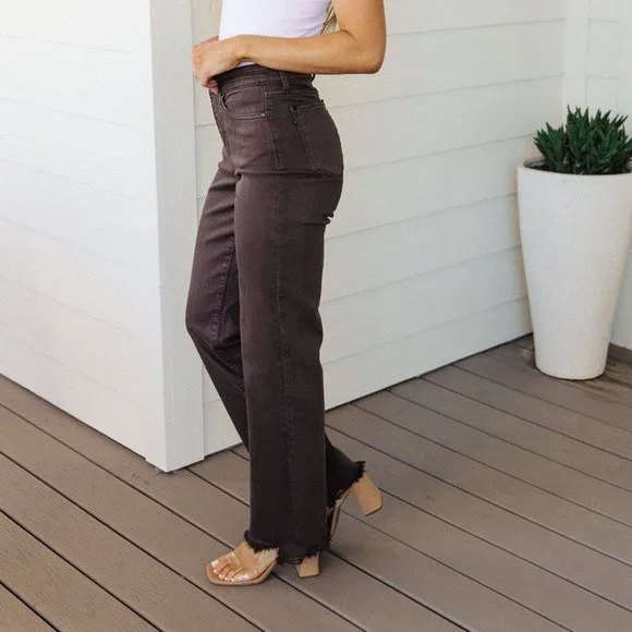 SYBIL HIGH RISE FRAYED HEM 90'S STRAIGHT JEANS IN BROWN - Picture 4 of 6